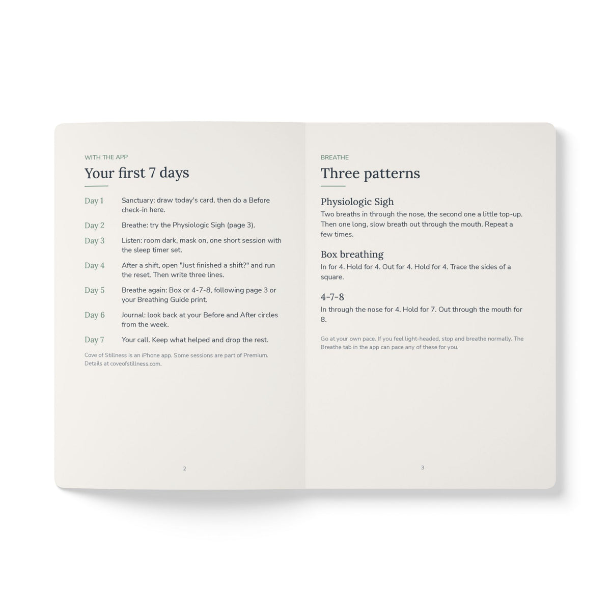 Cove Guided Journal open to "Your first 7 days" and "Three patterns" breathing pages