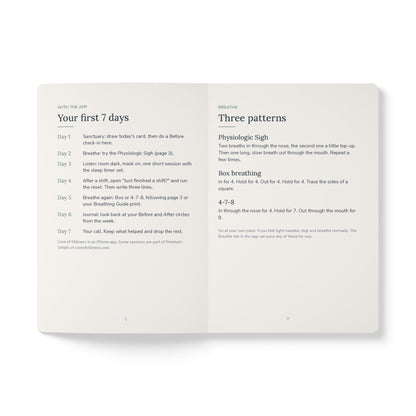 Cove Guided Journal open to "Your first 7 days" and "Three patterns" breathing pages