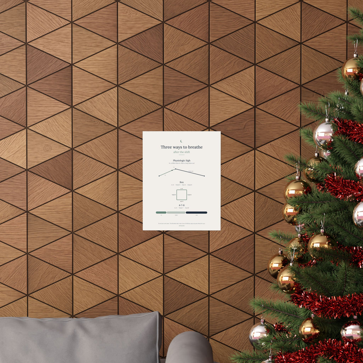 Cove Breathing Guide print hanging on a wood-panel wall