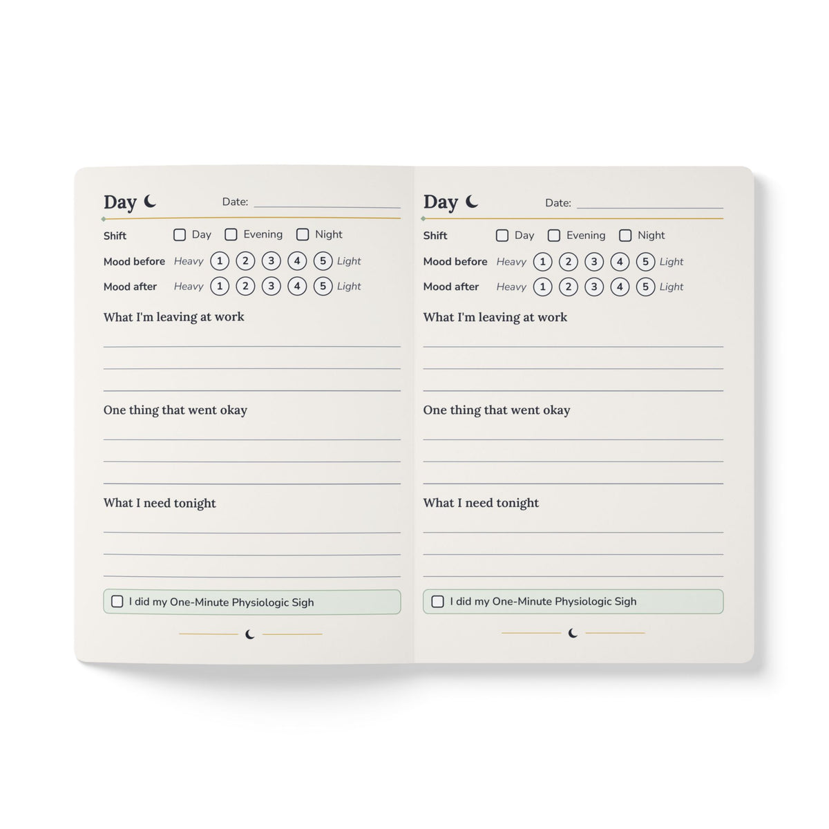 Inside the journal: daily after-shift pages with prompts