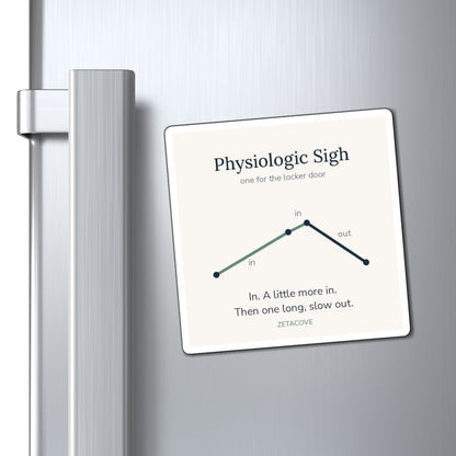 Cove Physiologic Sigh magnet on a stainless steel fridge door