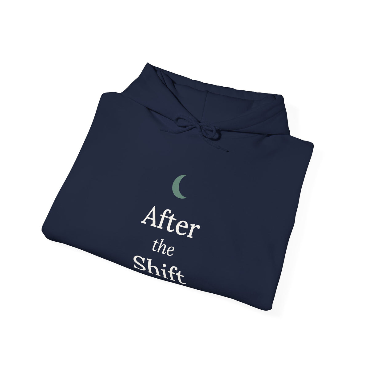 Navy hoodie folded, showing the print