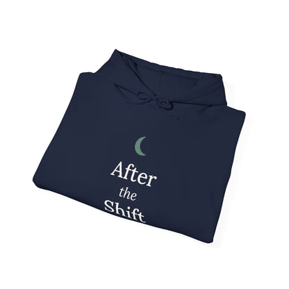 Navy hoodie folded, showing the print