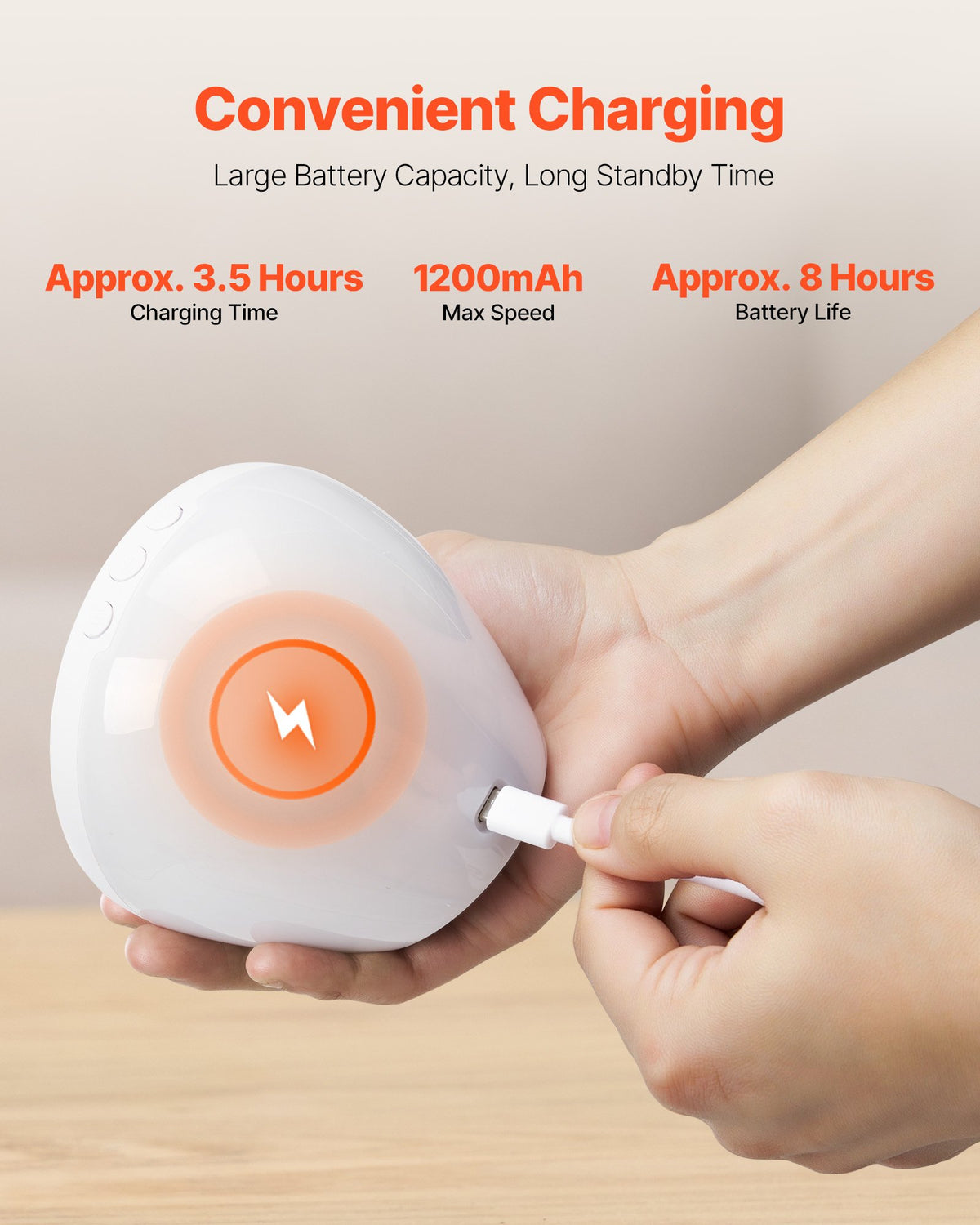 Charging the white noise machine by USB: about 3.5 hours to charge, about 8 hours of use
