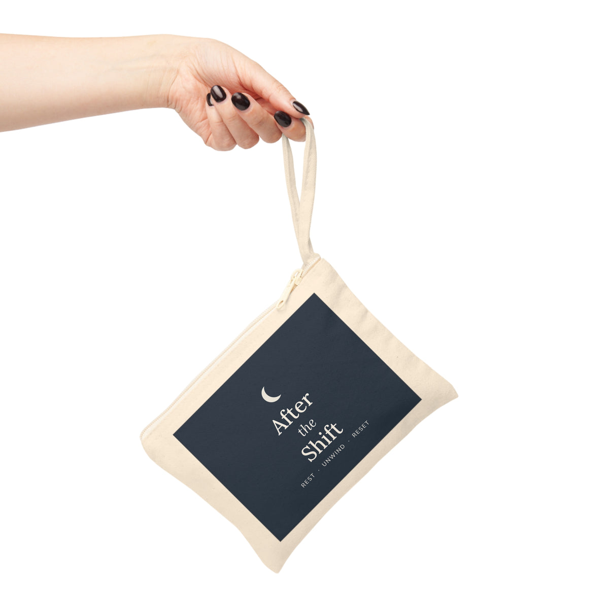 The zipper pouch carried by its wrist strap