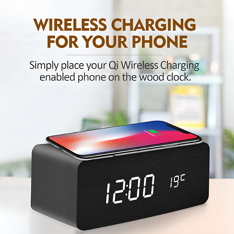 Multifunctional Wooden LED Alarm Clock
