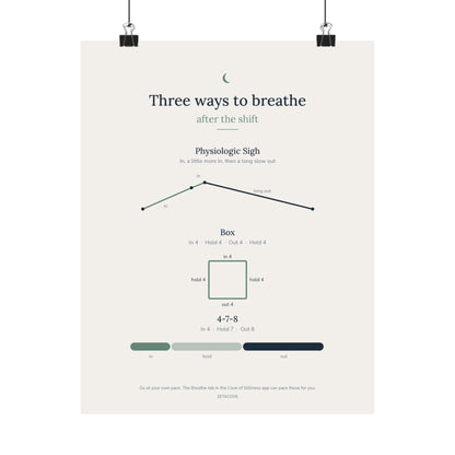 Cove Breathing Guide print: cream poster titled "Three ways to breathe after the shift" with diagrams for the Physiologic Sigh, Box and 4-7-8