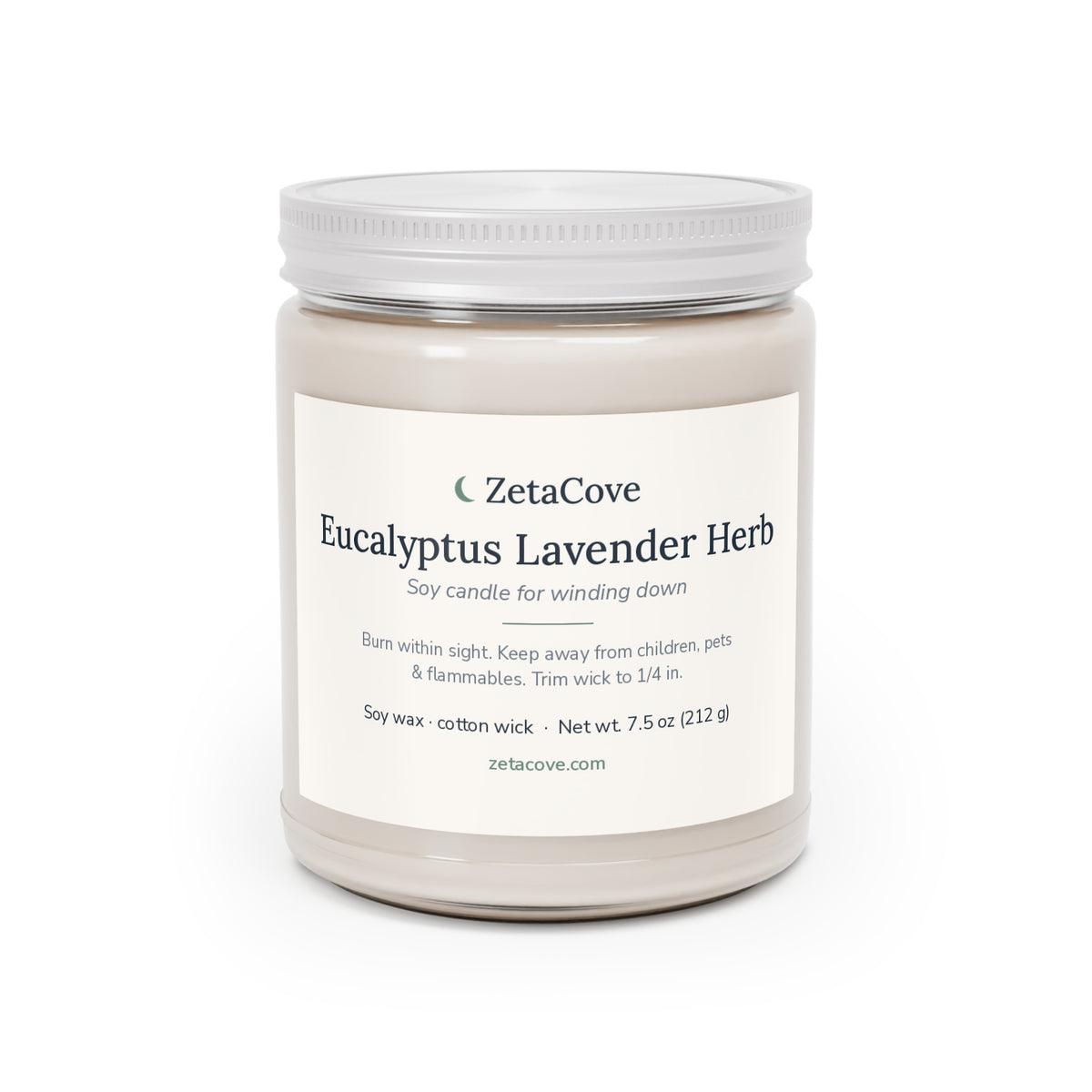 Eucalyptus Lavender Herb soy candle in a clear glass jar with a white lid