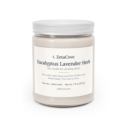 Eucalyptus Lavender Herb soy candle in a clear glass jar with a white lid