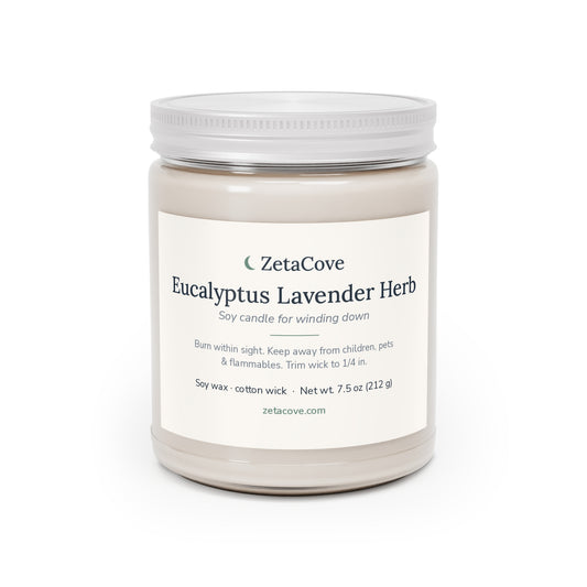 Eucalyptus Lavender Herb soy candle in a clear glass jar with a white lid