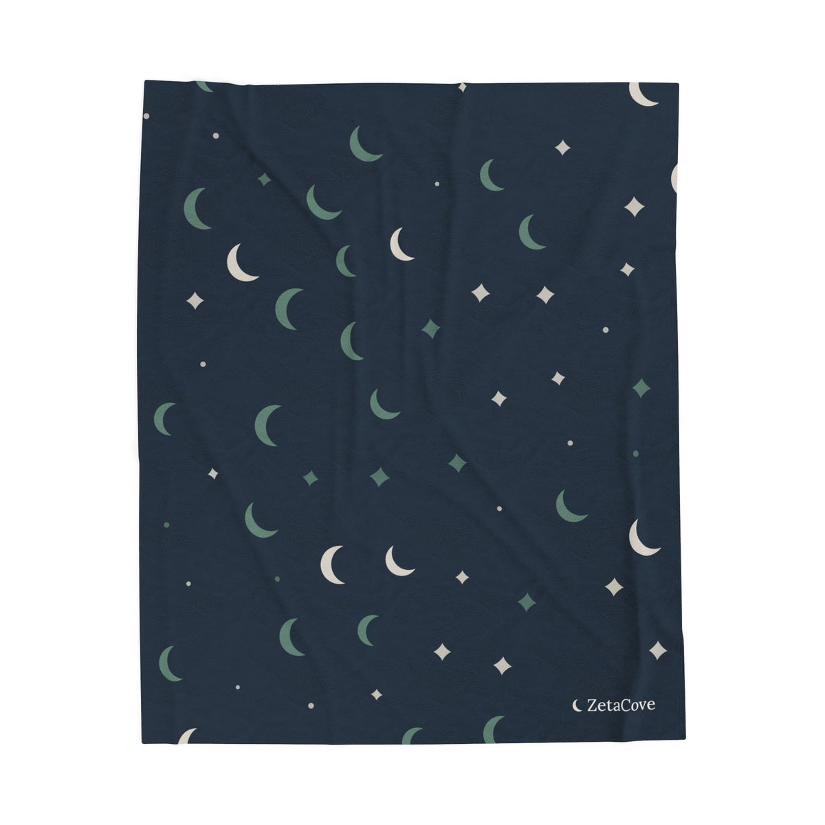 Cove Day-Sleep Throw laid flat: navy with sage and cream moons and stars