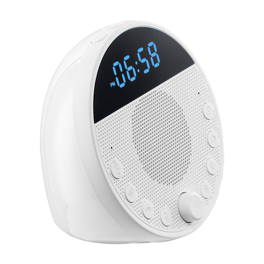Cove white noise machine in white, with a clock display and buttons