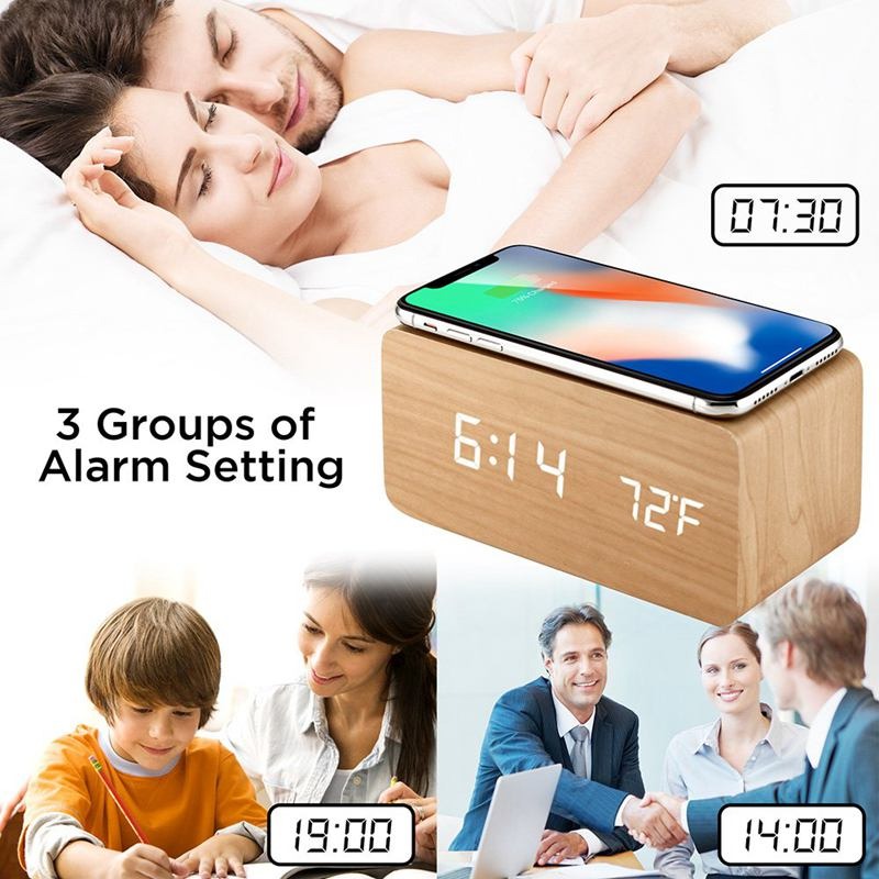 Multifunctional Wooden LED Alarm Clock