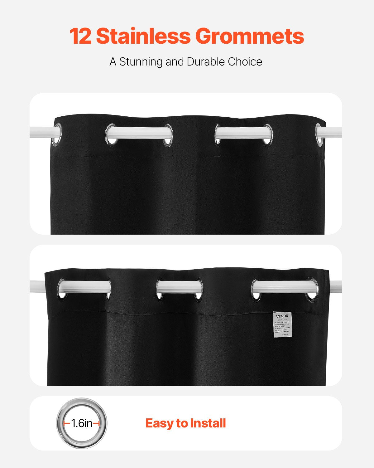 Close-up of the metal grommets on the black blackout curtains sliding on a rod