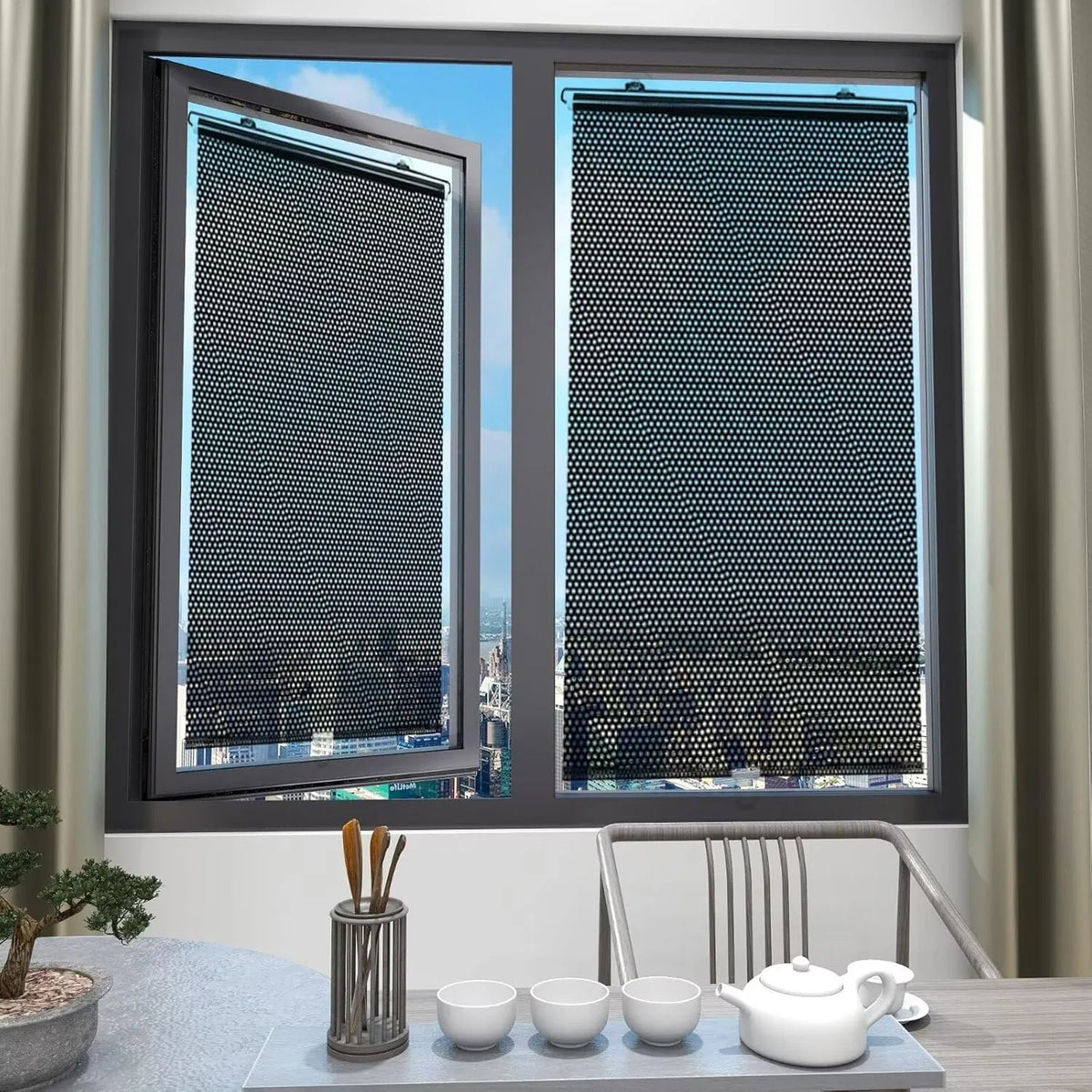Two Cove suction-cup window shades dimming a bright window