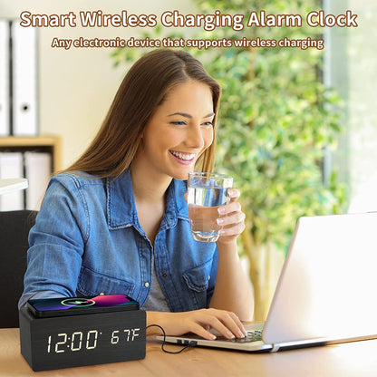 Multifunctional Wooden LED Alarm Clock