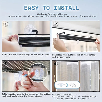 Four-step fitting guide for the suction-cup window shade